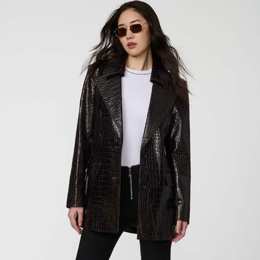 NEW Bernardo Langston Vegan Leather Croc Brown Blazer Jacket Women's Small $189